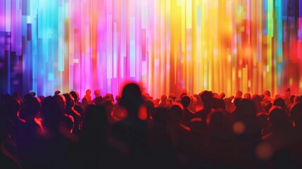 Obraz premium Concert crowd silhouetted against a colorful stage backdrop ,close-up
