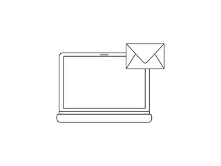 laptop with mail icon, message on the desktop, notification marketing, information in the pc mailbox, alert email, thin line symbol on white background - editable stroke vector 