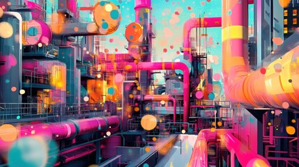 Obraz premium Futuristic industrial pipes with vibrant neon bokeh effect 