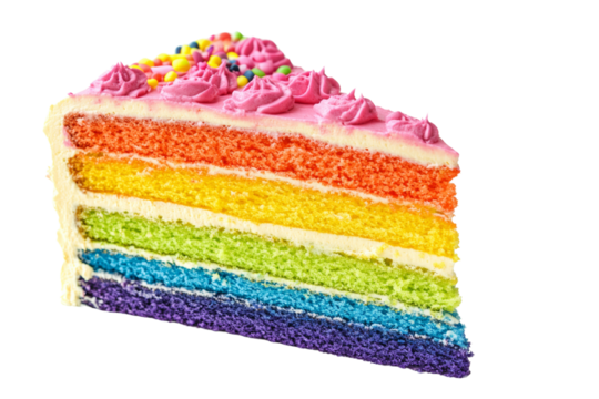 Colorful rainbow cake slice with vibrant layers and pink frosting, perfect for celebrations and special occasions.