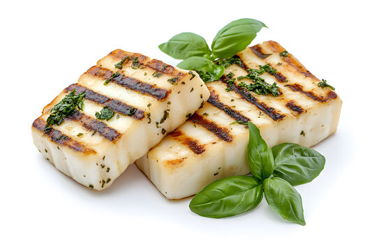 Top view Grilled halloumi cheese with fresh basil, isolated on white background