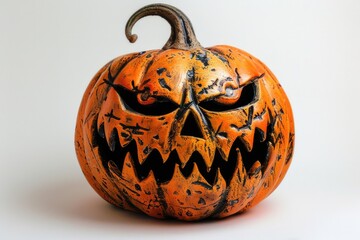Halloween White Background. Angry Pumpkin Lantern with Evil Face in Horror Style