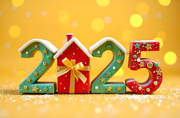 Fototapeta premium Gingerbread numbers 2025 for the New Year on an orange-yellow festive background with lights and bokeh. Real estate market, buying a new house concept. New year card with copy space
