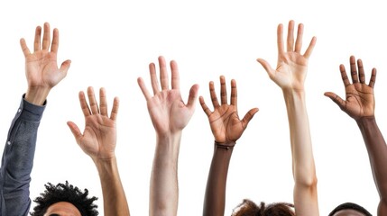 Fototapeta premium Hand Raising. Young Adult Men and Women Showing Cooperation in Group Action