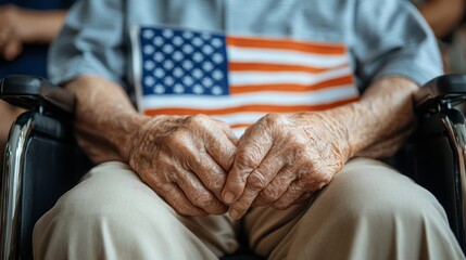 Fototapeta premium Close-up of an elderly man's hands resting in his lap, with the American flag draped over his lap. His wrinkled hands tell a story of a life lived.