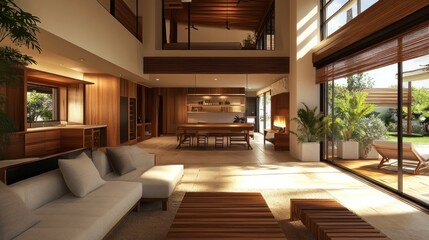 Naklejka premium Modern Living Room with Natural Light and Wooden Accents