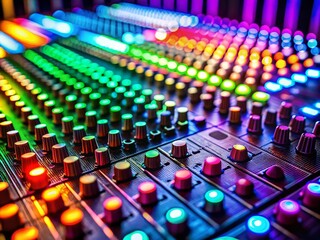 Obraz premium Closeup Silhouette of Professional Audio Mixer with Colorful Faders, Perfect for Music Production and Sound Engineering