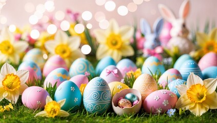 Colorful Easter eggs on green grass with Easter bunnies, daffodils and spring flowers in the background. Easter greeting card
