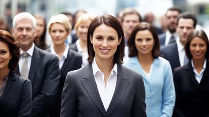 Woman in a business suit stands in front of a crowd of people