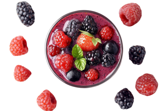 Delicious berry smoothie topped with fresh berries and mint, perfect for a refreshing treat.