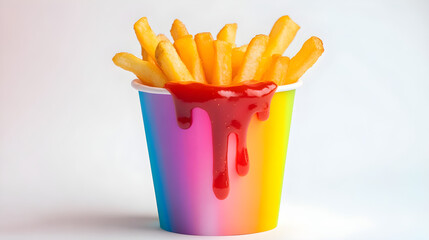 French fries in a vibrant, rainbow-colored cup with glowing ketchup dripping down