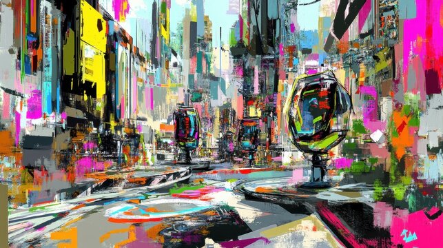 A vibrant, abstract city street filled with bold colors and neon signs, creating a lively urban atmosphere with expressive brushstrokes and a modern art style.
