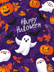 scary happy halloween card background as wallpaper with ghosts, pumpkin and witch	

