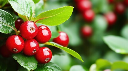 Bright red lingonberries nestled among green leaves on a sunny day in a lush garden setting