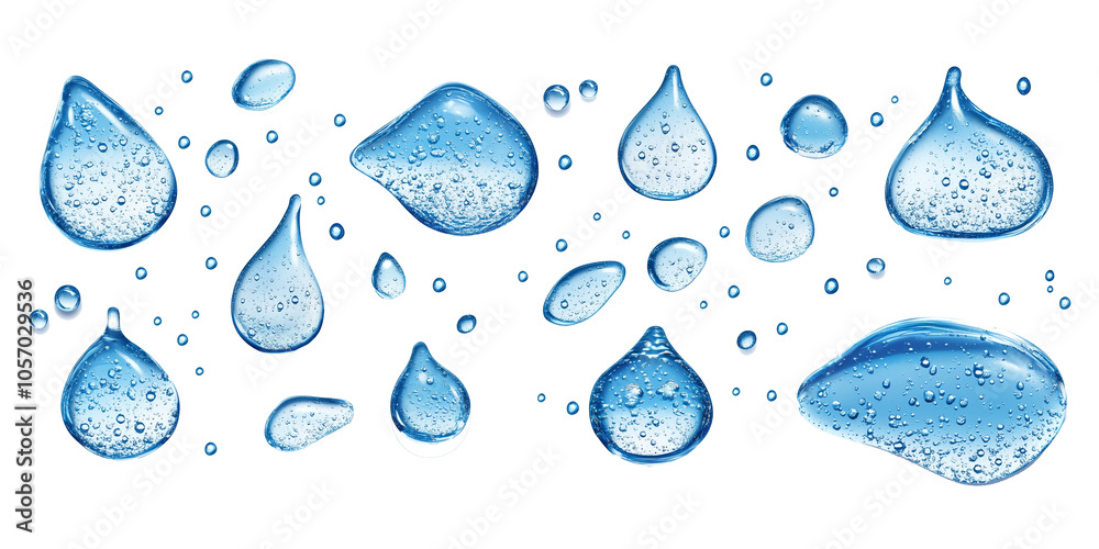 Poster various sizes of transparent water droplets with realistic reflections and bubbles are scattered on 