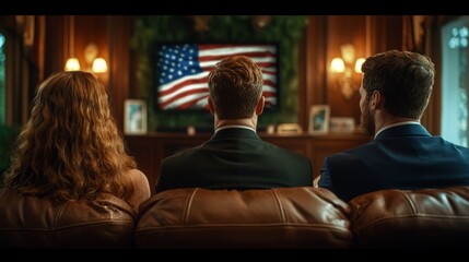 Three people, a woman and two men, sit on a leather couch facing a TV screen displaying the American flag. The dimly lit room has a warm and inviting ambiance.