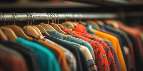 Colorful Clothing Hanging on Wooden Hangers in Retail Store