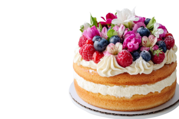 Delicious layered cake topped with fresh berries and vibrant flowers, ideal for celebrations and special occasions.