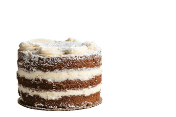 Delicious layered cake with creamy frosting, perfect for celebrations and dessert lovers, isolated on white background.