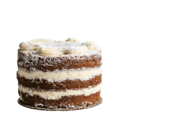 Delicious layered cake with creamy frosting, perfect for celebrations and dessert lovers, isolated on white background.