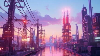 Fototapeta premium A futuristic cityscape at sunset with neon-lit buildings and power lines reflecting in a river, blending cyberpunk aesthetics with pastel tones.