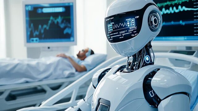 Robotic healthcare assistant near the bed monitors patient condition in advanced medical facility