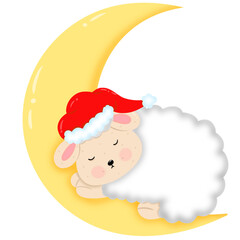 A cute little cartoon sheep sleeps on a crescent moon wearing a red Christmas hat.