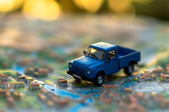 A vintage blue pickup truck toy placed on a detailed map showcasing various roads and places during daylight hours - Powered by Adobe