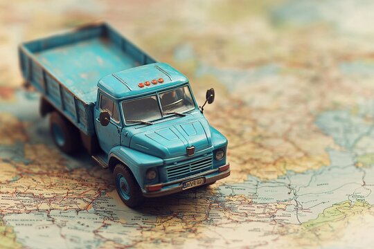A vintage blue pickup truck toy placed on a detailed map showcasing various roads and places during daylight hours