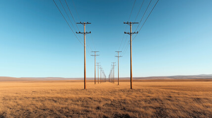 Endless row of wooden utility poles with power lines stretching across a vast dry grassland under a clear blue sky