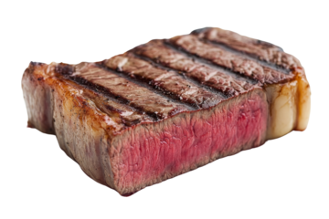 Deliciously grilled steak with juicy pink center, isolated on white background.
