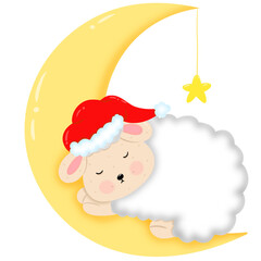 Fototapeta premium A cute little cartoon sheep sleeps on a crescent moon wearing a red Christmas hat.