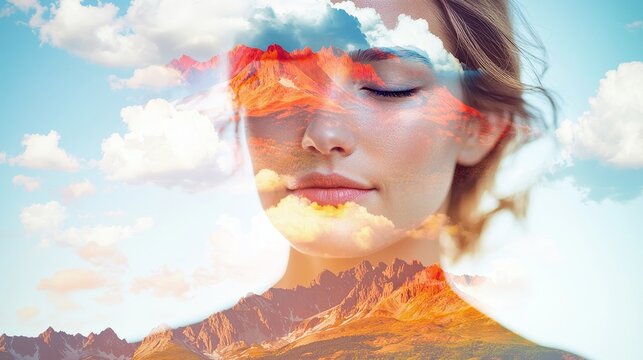 Peaceful woman with a serene expression, layered with a vibrant landscape, symbolizing harmony with nature and tranquility.