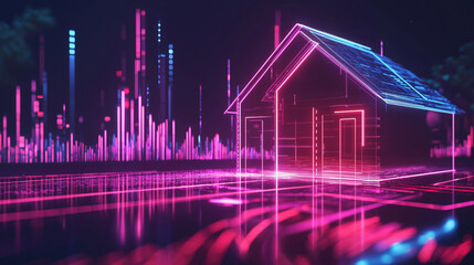 a holographic Real estate market growth chart next to a glowing linear version of a house. Increase money with investment property concept background.