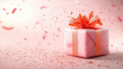 Obraz premium Illustration of pink gift box with bright orange bow and ribbon placed on pink background near confetti. Concept of holiday or birthday. Panorama banner format
