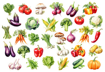 Fototapeta premium Big set vegetables isolated on transparent background, vegetables collection, summer clipart