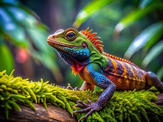 Obraz premium Colorful Lizard on Mossy Log in Costa Rica's Vibrant Jungle - Rich Biodiversity Photography