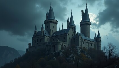 Fototapeta premium Mysterious castle on a hill against a dramatic sky and full moon for fantasy-themed art