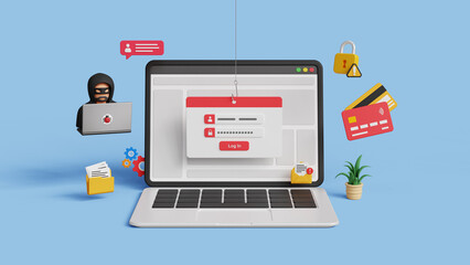 Phishing or hacking attack concept. Fake login screen to hack username, password. Cyber security, steal personal information. 3D laptop with fake login screen