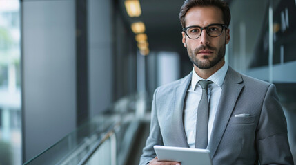 Businessman in an office environment, utilizing a tablet device for work or communication purposes. Modern business practices and digital connectivity in a corporate workspace concept