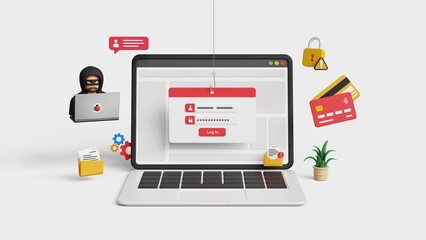 Phishing alert, hacking attack, personal data security. Personal information at risk, stealing username and password, cyber security concept. 3D fake login screen on a laptop