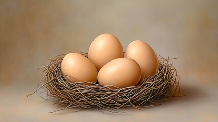 Natural camouflage of three eggs nestled in a rustic nest highlighting intricate details in soft tones under natural light