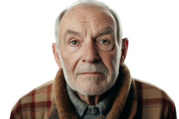 Elderly man with a thoughtful expression, wearing a cozy sweater and plaid jacket, isolated on a white background.