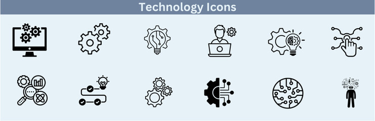 Set of artificial intelligence line icons. Technology, AI, digital, brain, chip, etc. 