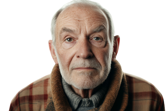 Elderly man with a thoughtful expression, wearing a cozy sweater and plaid jacket, isolated on a white background.
