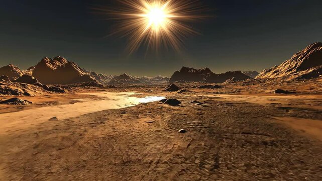 Radiant sunlight bathing a desolate alien landscape with rugged mountains and a winding stream