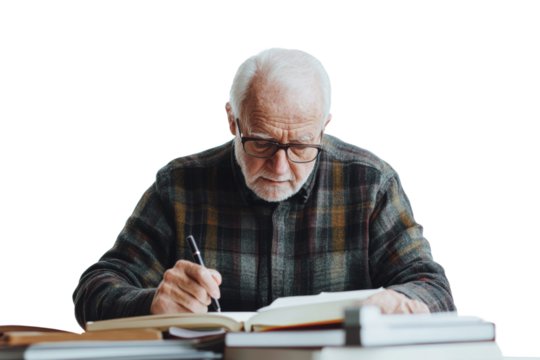 Elderly man writing in a notebook, focused expression, surrounded by books, cozy indoor setting, thoughtful ambiance.