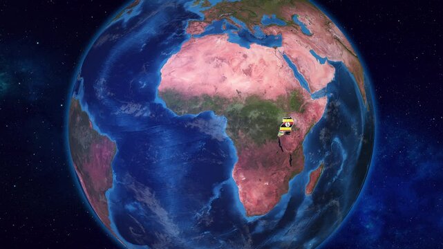 Earth Zooming on Neighbour Countries Uganda And Rwanda Highlighted with their flags