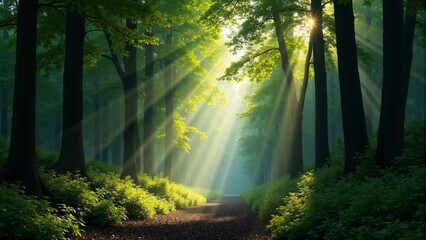 Obraz premium Serene forest with tall trees and dappled sunlight streaming through leaves