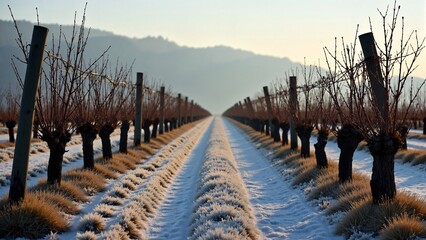 Fototapeta premium Rustic vineyard in winter with bare vines and frost on the ground
